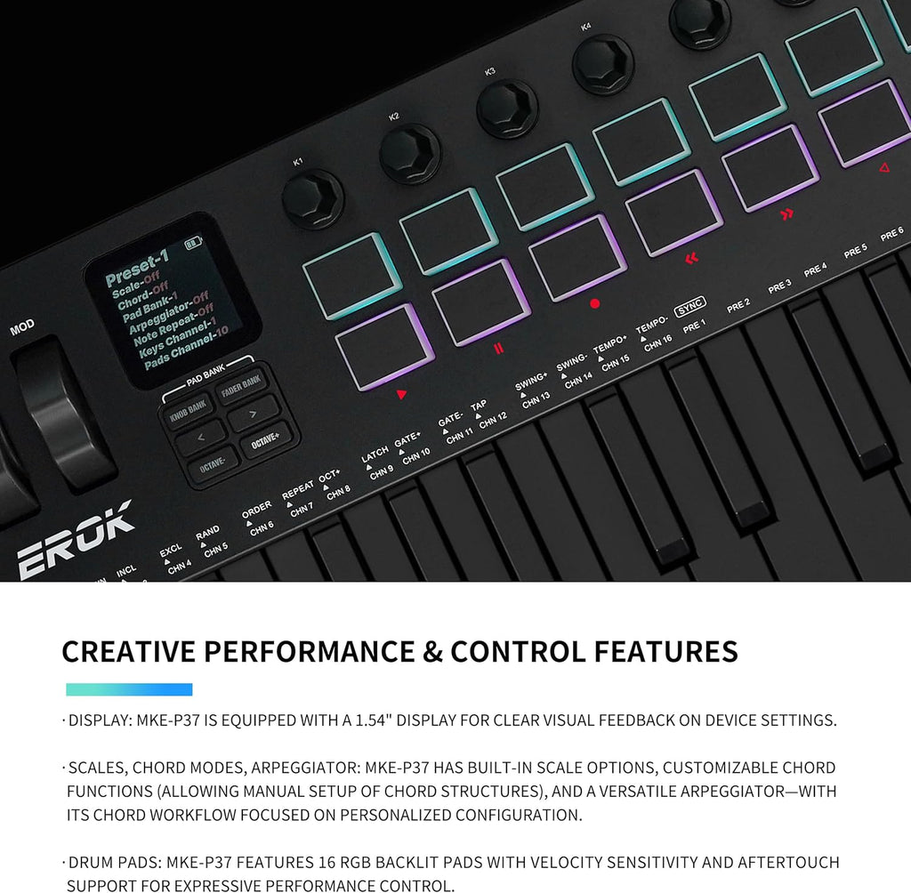 EROK 37-Key MIDI Keyboard Controller – Portable Music Production Controller with Drum Pads, Knobs & Arpeggiator