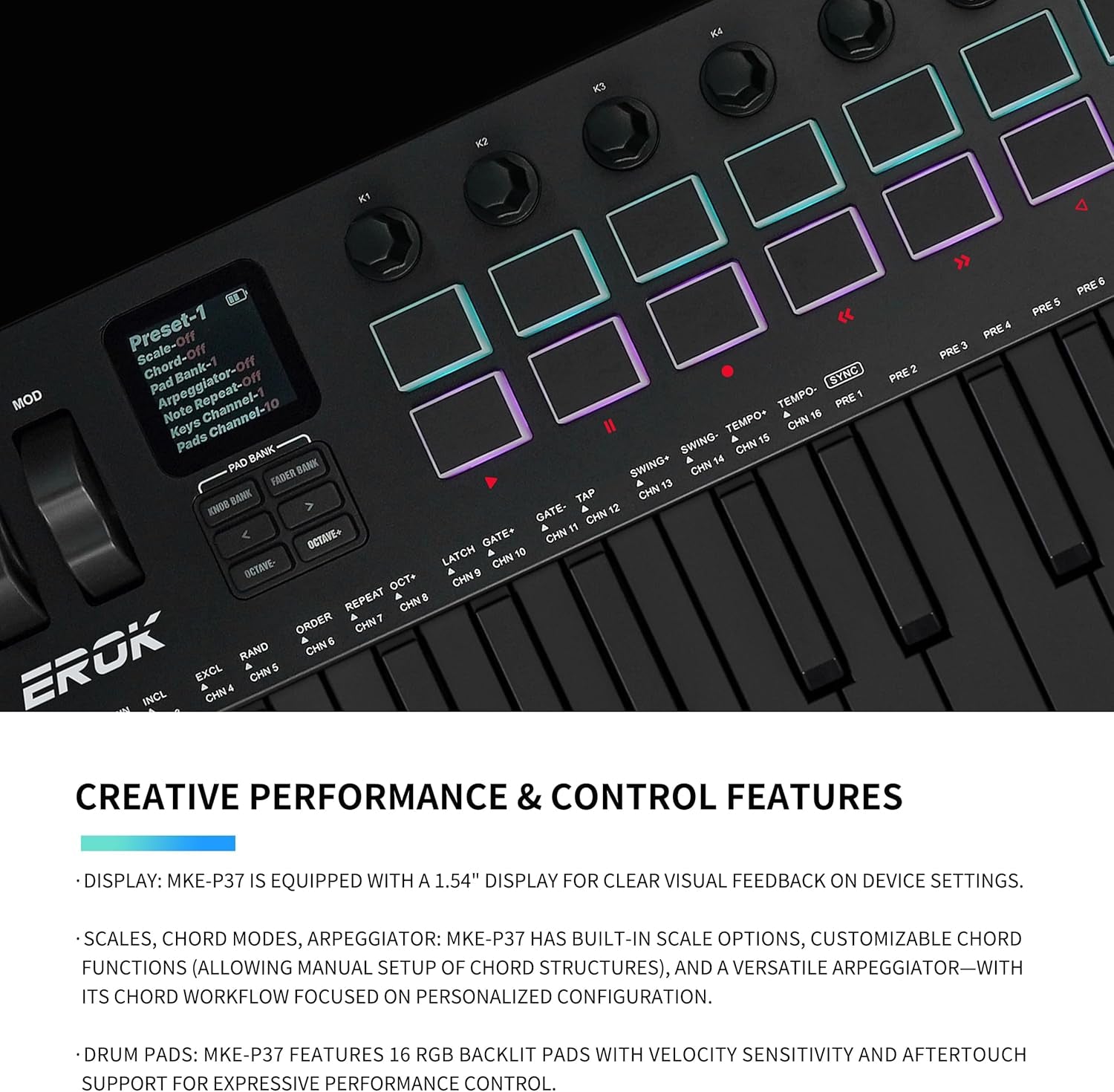 EROK 37-Key MIDI Keyboard Controller – Portable Music Production Controller with Drum Pads, Knobs & Arpeggiator