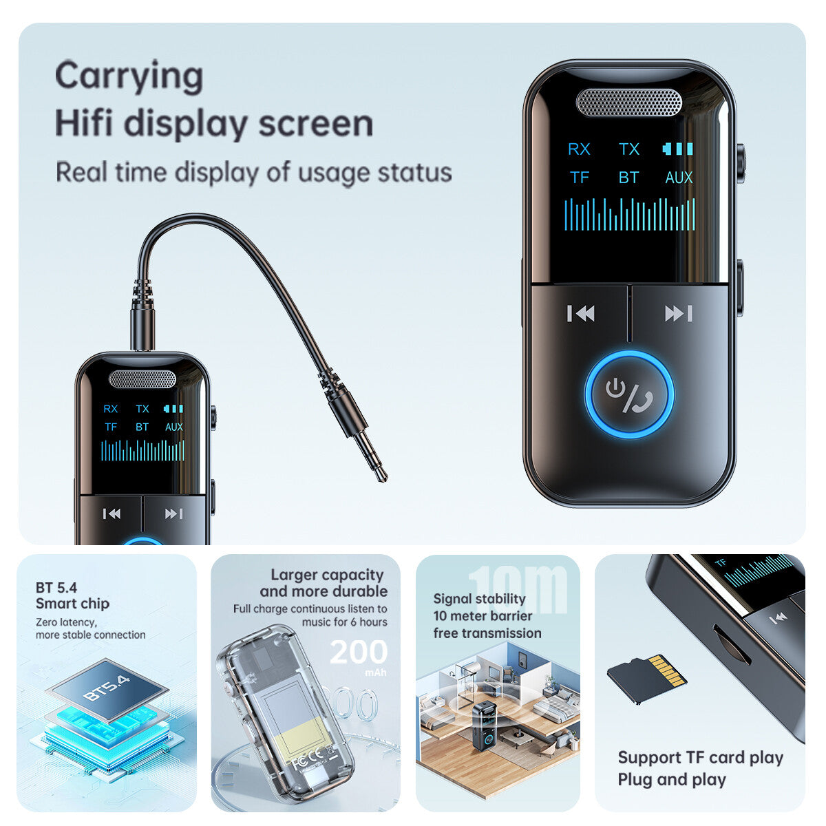 4-In-1 Bluetooth Audio Adapter – Wireless Receiver & Transmitter MP3 Player with 3.5mm AUX