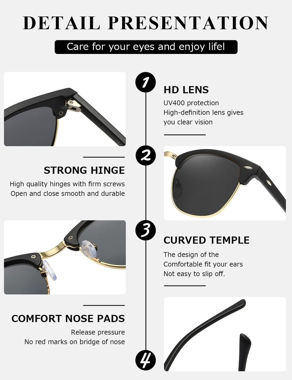 Polarized Semi-Rimless Retro Sunglasses UV Protection Shades