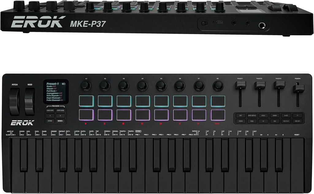 EROK 37-Key MIDI Keyboard Controller – Portable Music Production Controller with Drum Pads, Knobs & Arpeggiator