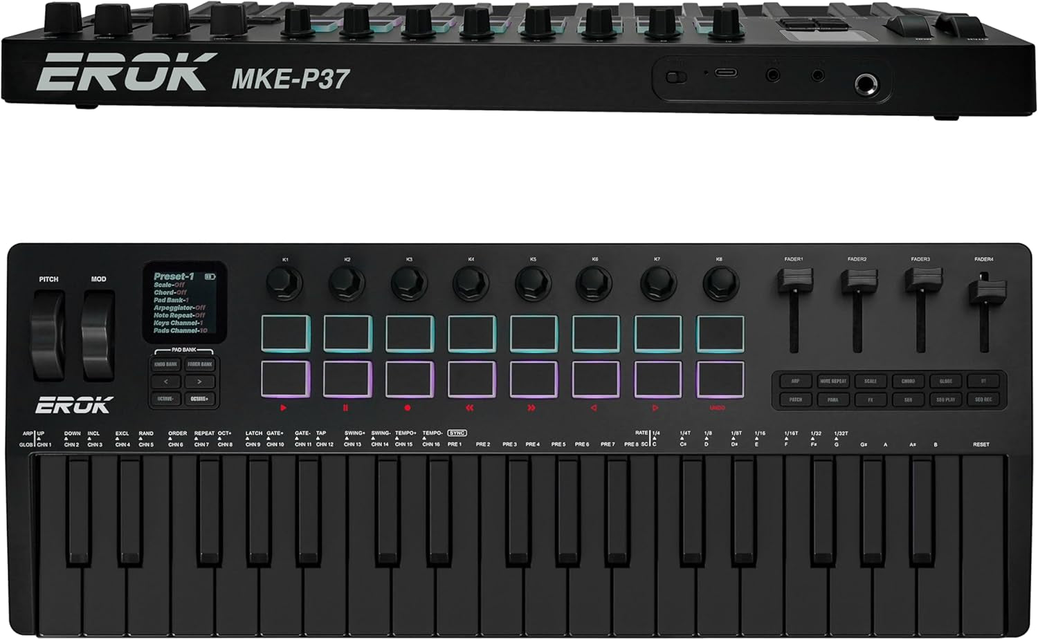 EROK 37-Key MIDI Keyboard Controller – Portable Music Production Controller with Drum Pads, Knobs & Arpeggiator