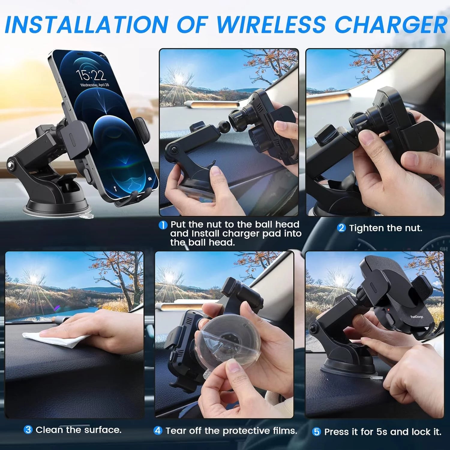 DIGITNOW 15W Wireless Car Charger & Auto-Clamping Mount for iPhone & Samsung (Adjustable 360°)