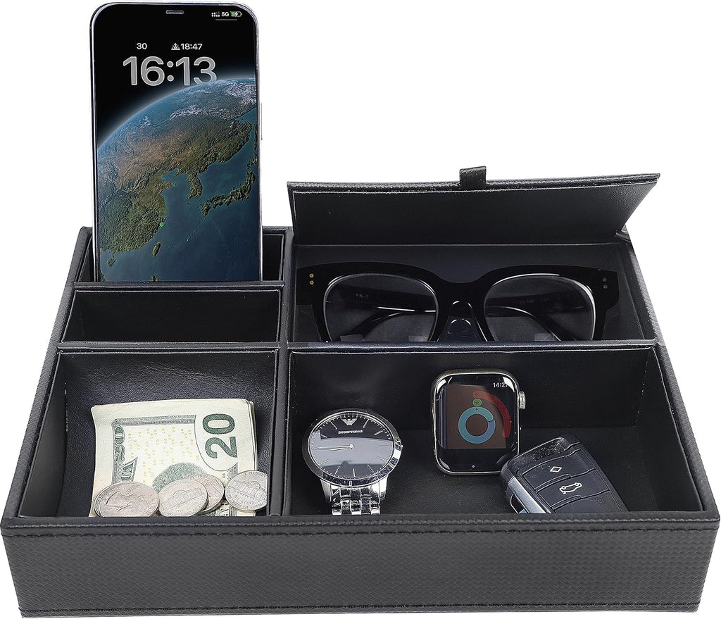 Valet Tray Organizer – Faux Leather Nightstand Catchall with 5 Compartments
