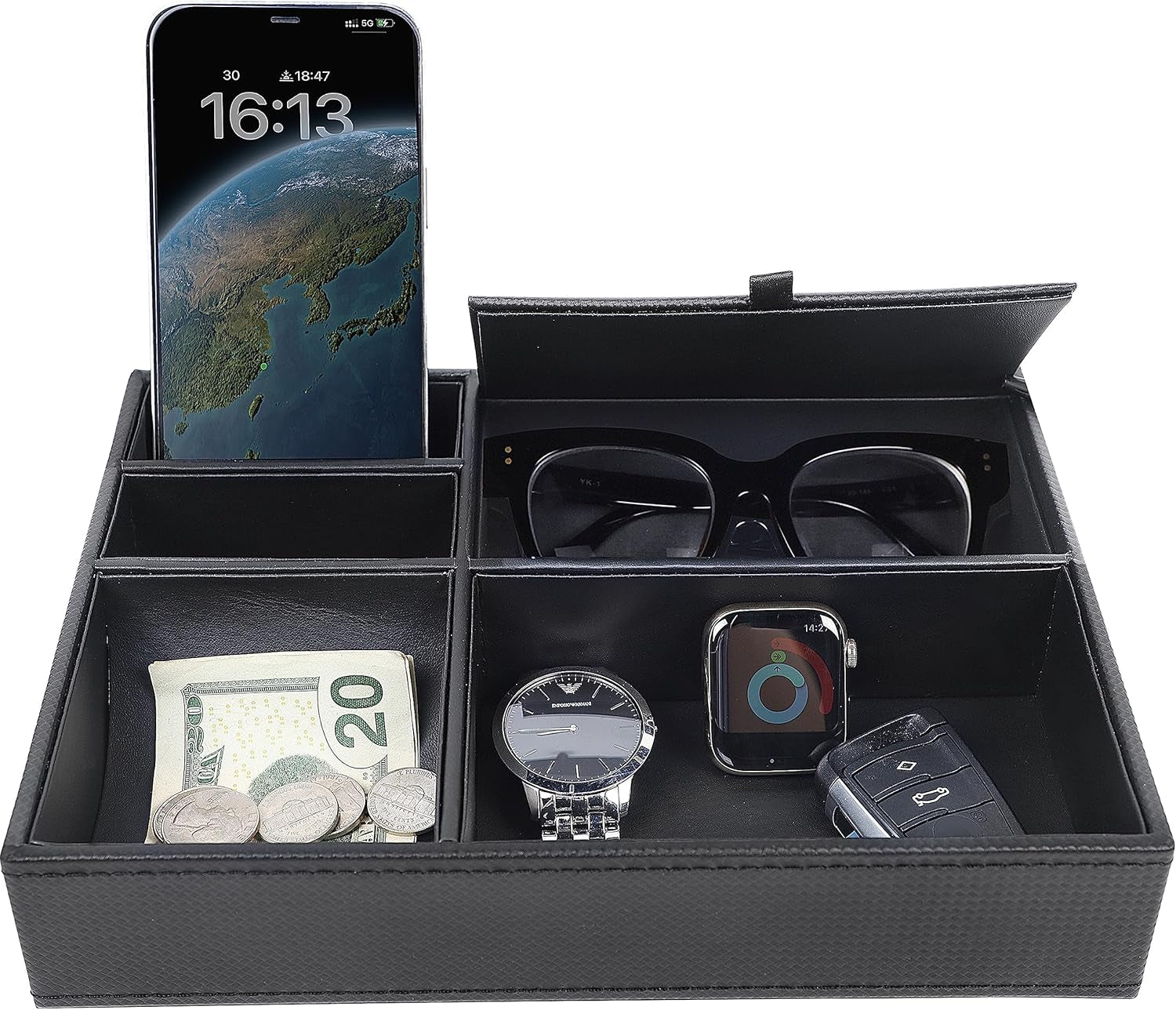 Valet Tray Organizer – Faux Leather Nightstand Catchall with 5 Compartments
