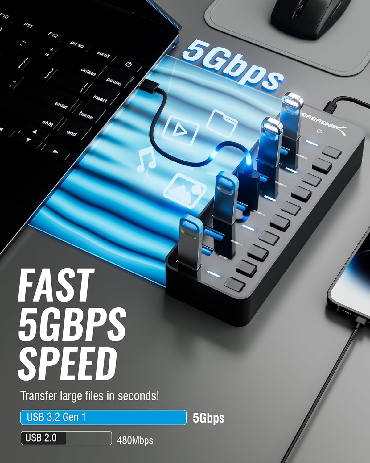 10-Port USB 3.0 Hub with Power Adapter – High-Speed Data Transfer Hub with Individual Switches