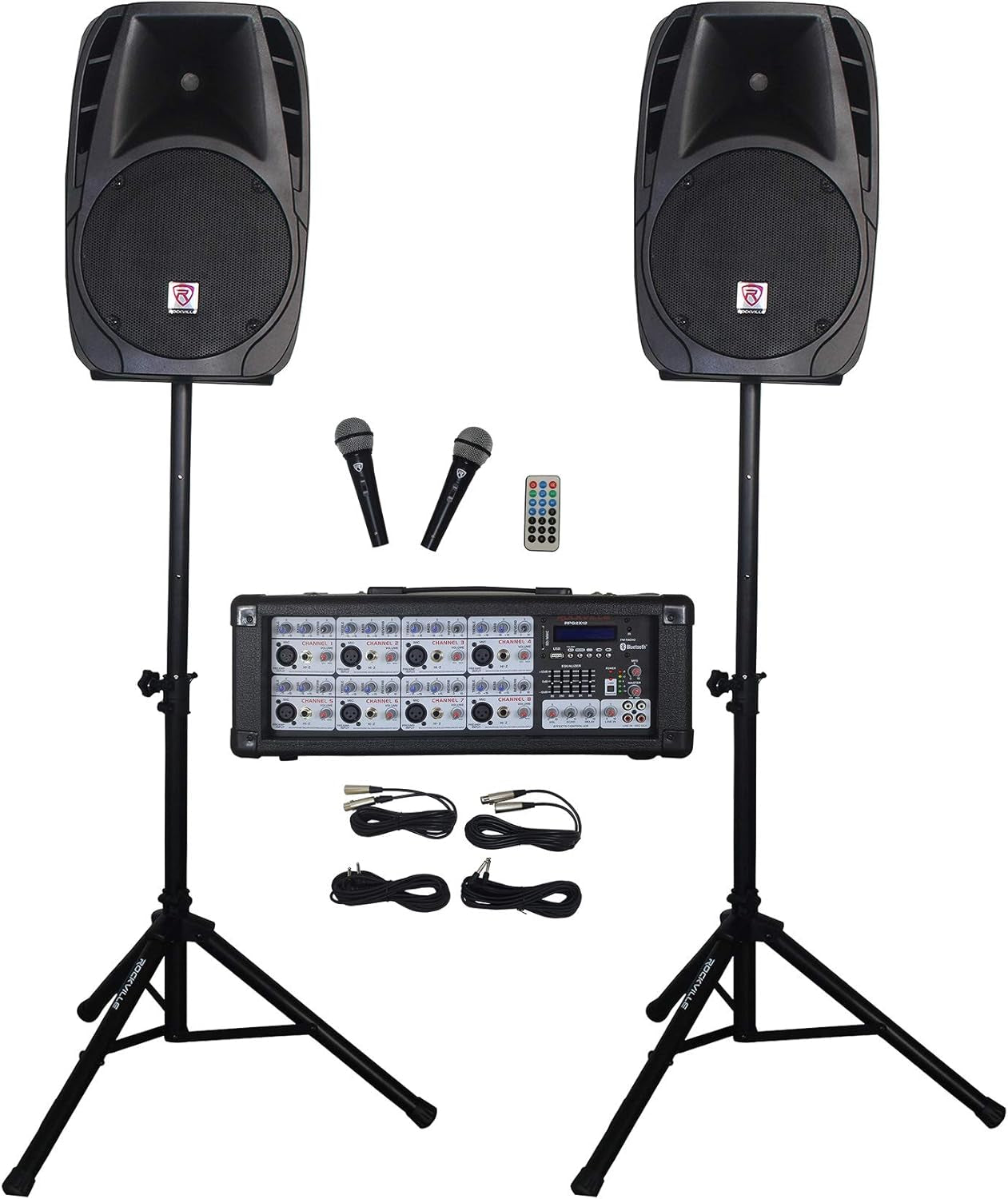 Rockville 12" PA Speaker System – Dual Speakers, Powered Mixer, Stands & Microphones Bundle