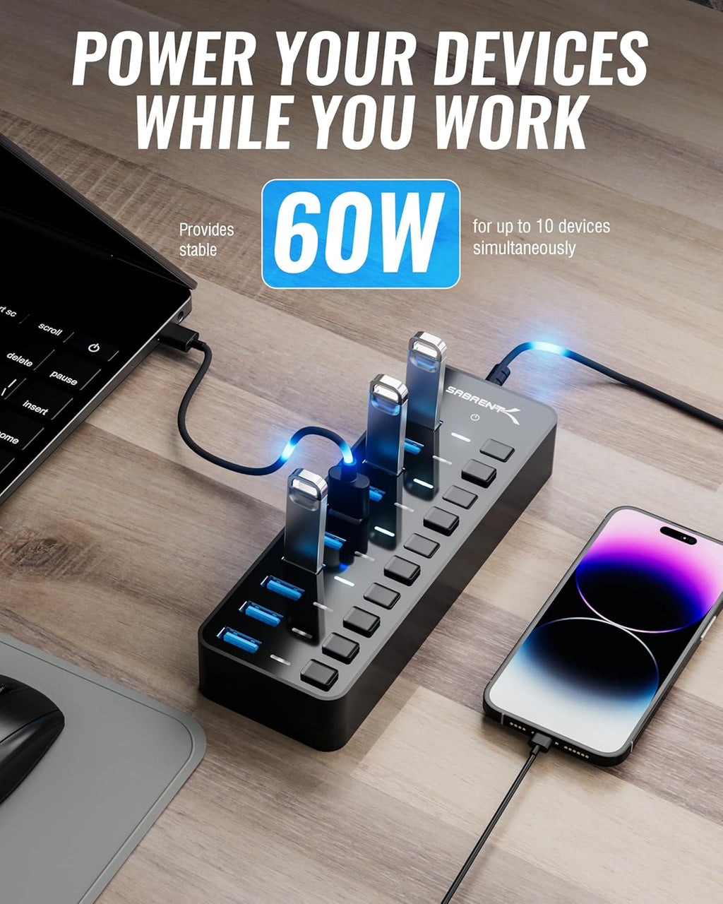 10-Port USB 3.0 Hub with Power Adapter – High-Speed Data Transfer Hub with Individual Switches