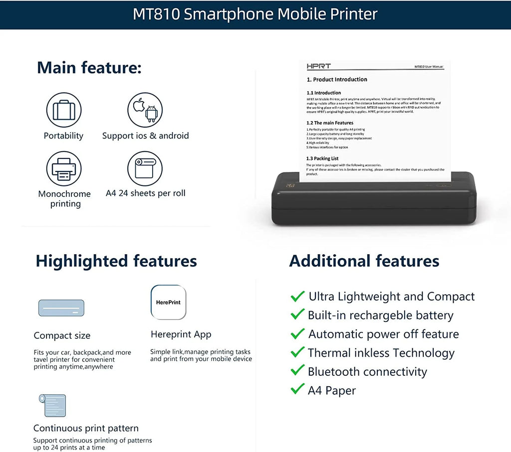 HPRT MT810 Portable Thermal Printer – Wireless Bluetooth & USB Printing for Home, Office & Travel