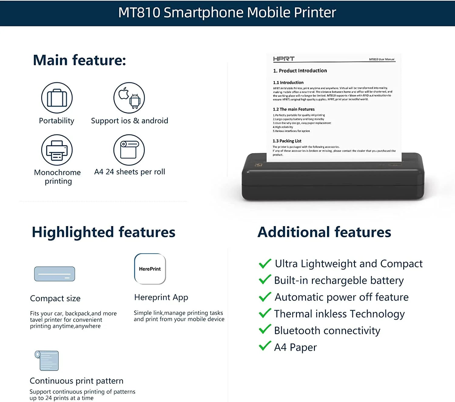 HPRT MT810 Portable Thermal Printer – Wireless Bluetooth & USB Printing for Home, Office & Travel