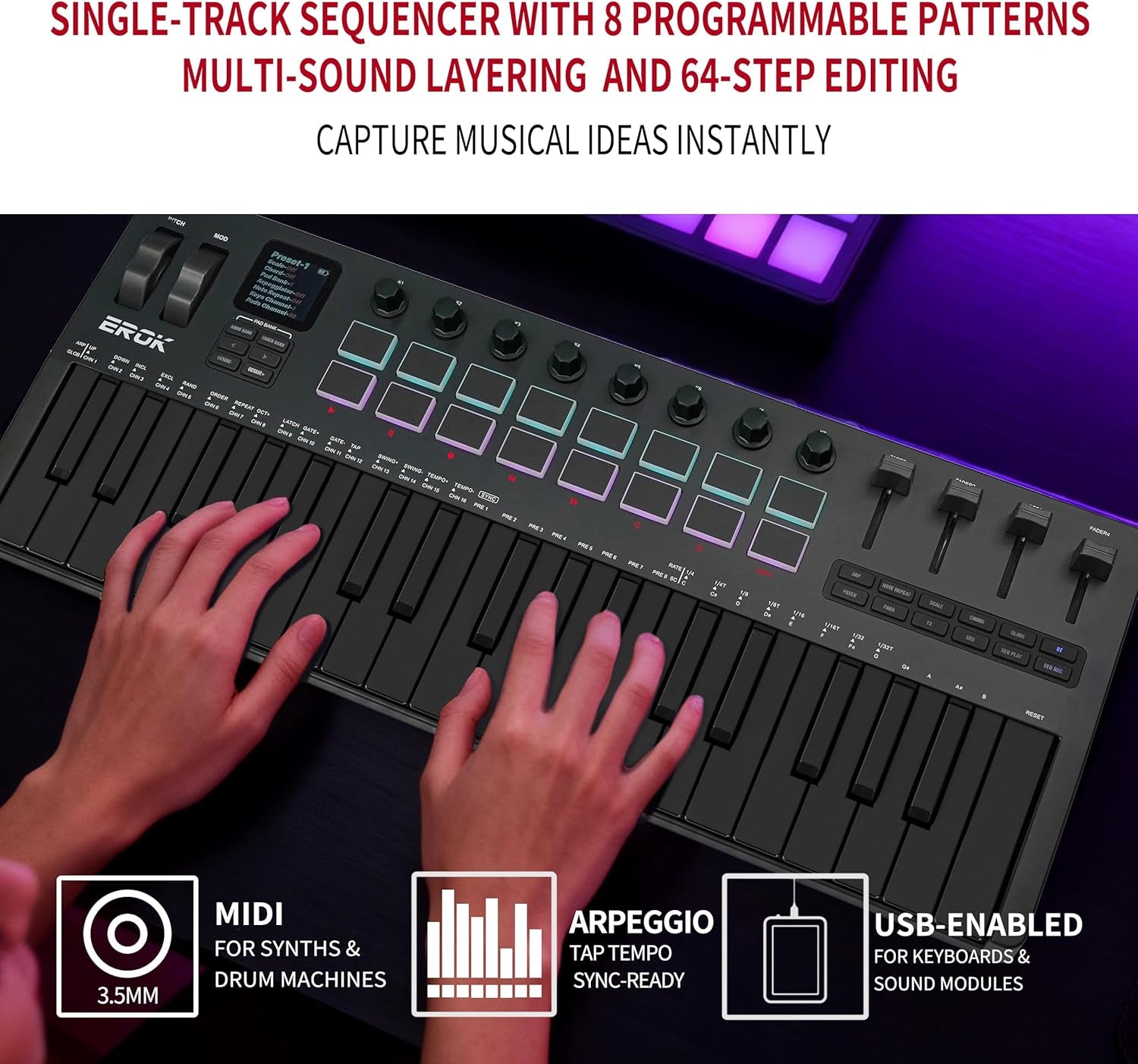 EROK 37-Key MIDI Keyboard Controller – Portable Music Production Controller with Drum Pads, Knobs & Arpeggiator