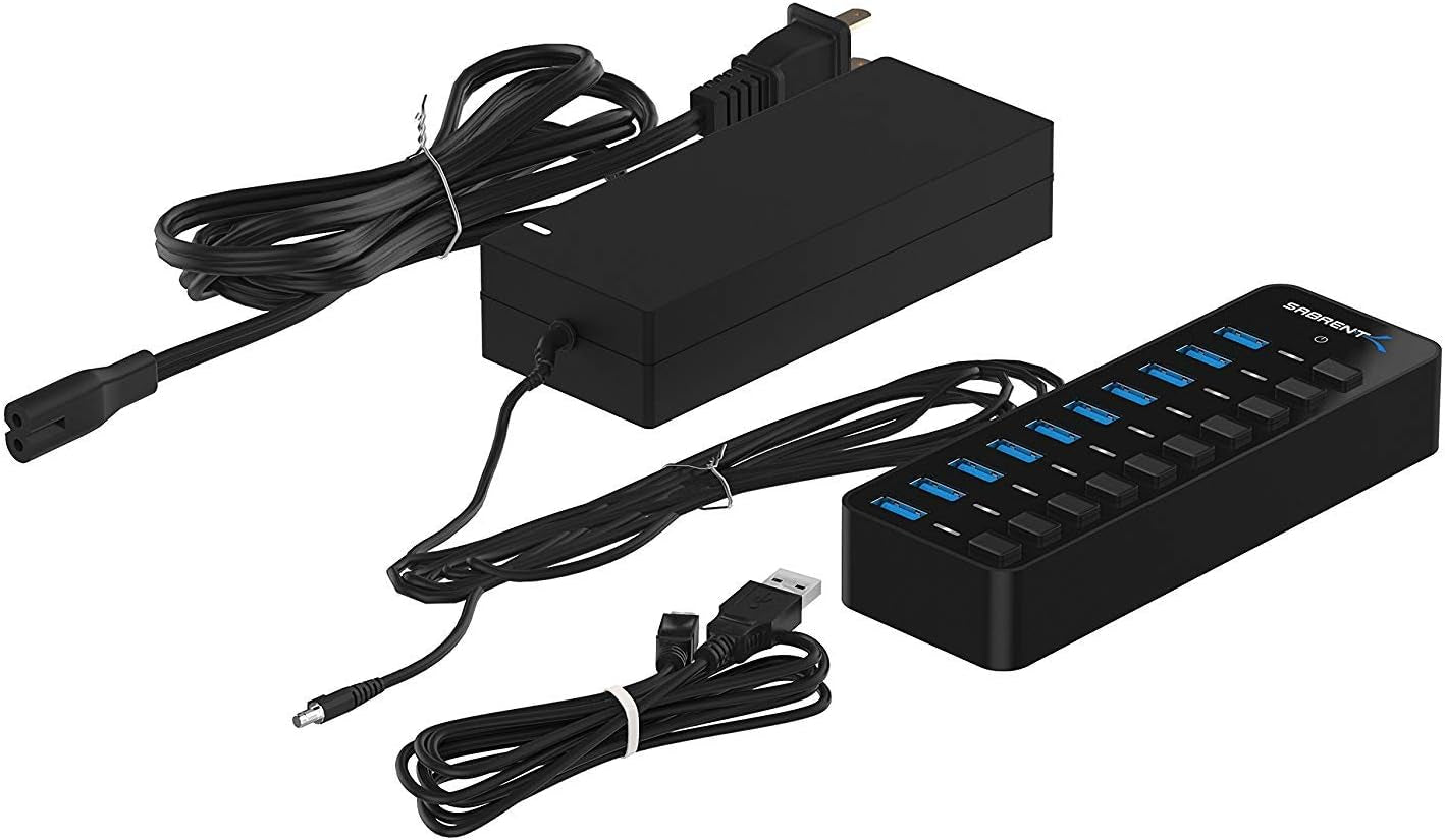 10-Port USB 3.0 Hub with Power Adapter – High-Speed Data Transfer Hub with Individual Switches
