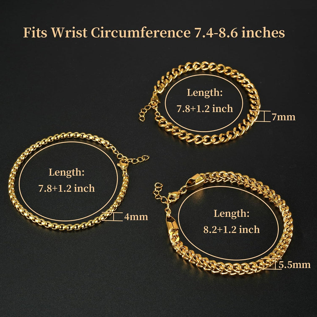 DAYANEY Men’s Gold & Silver Bracelet Set – Stainless Steel Cuban Chain Bracelets, Adjustable & Waterproof