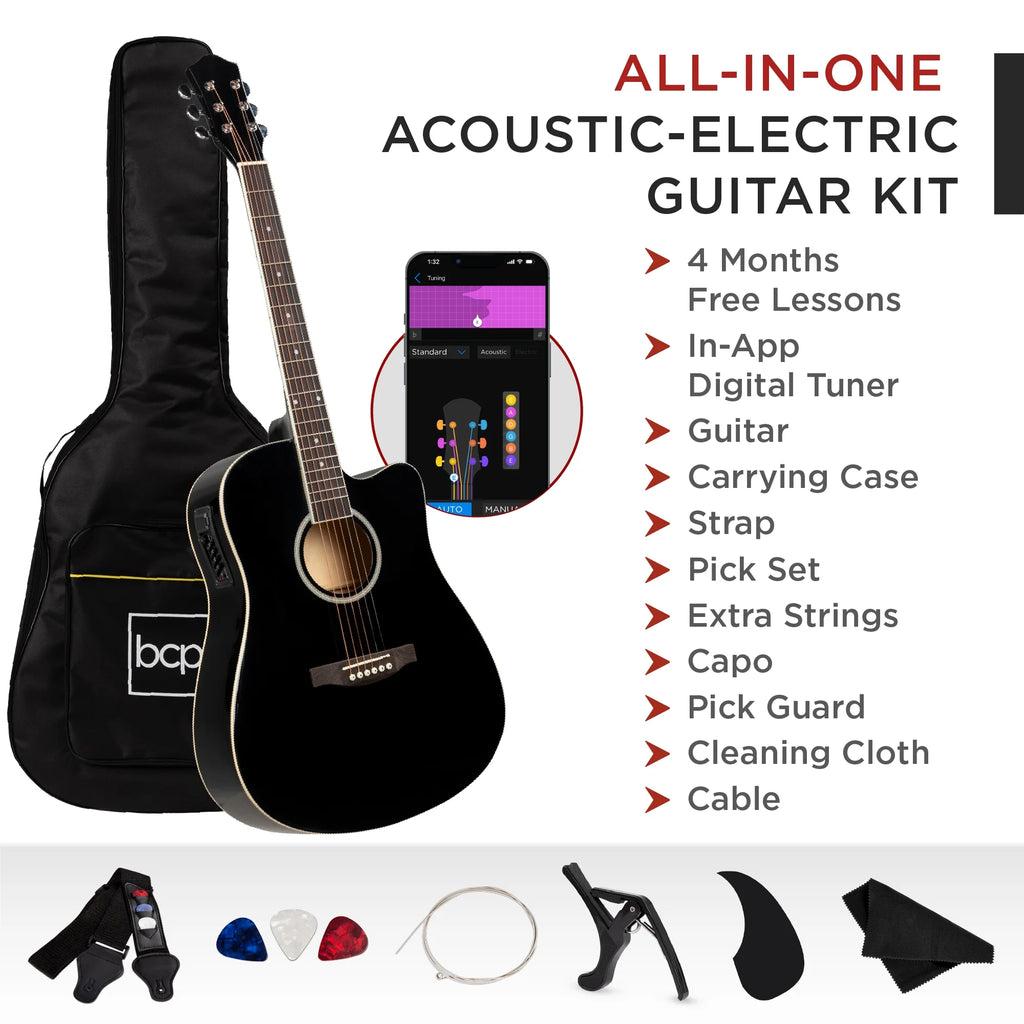 Black Acoustic Electric Guitar – 41″ Cutaway Beginner Guitar Starter Set with Accessories