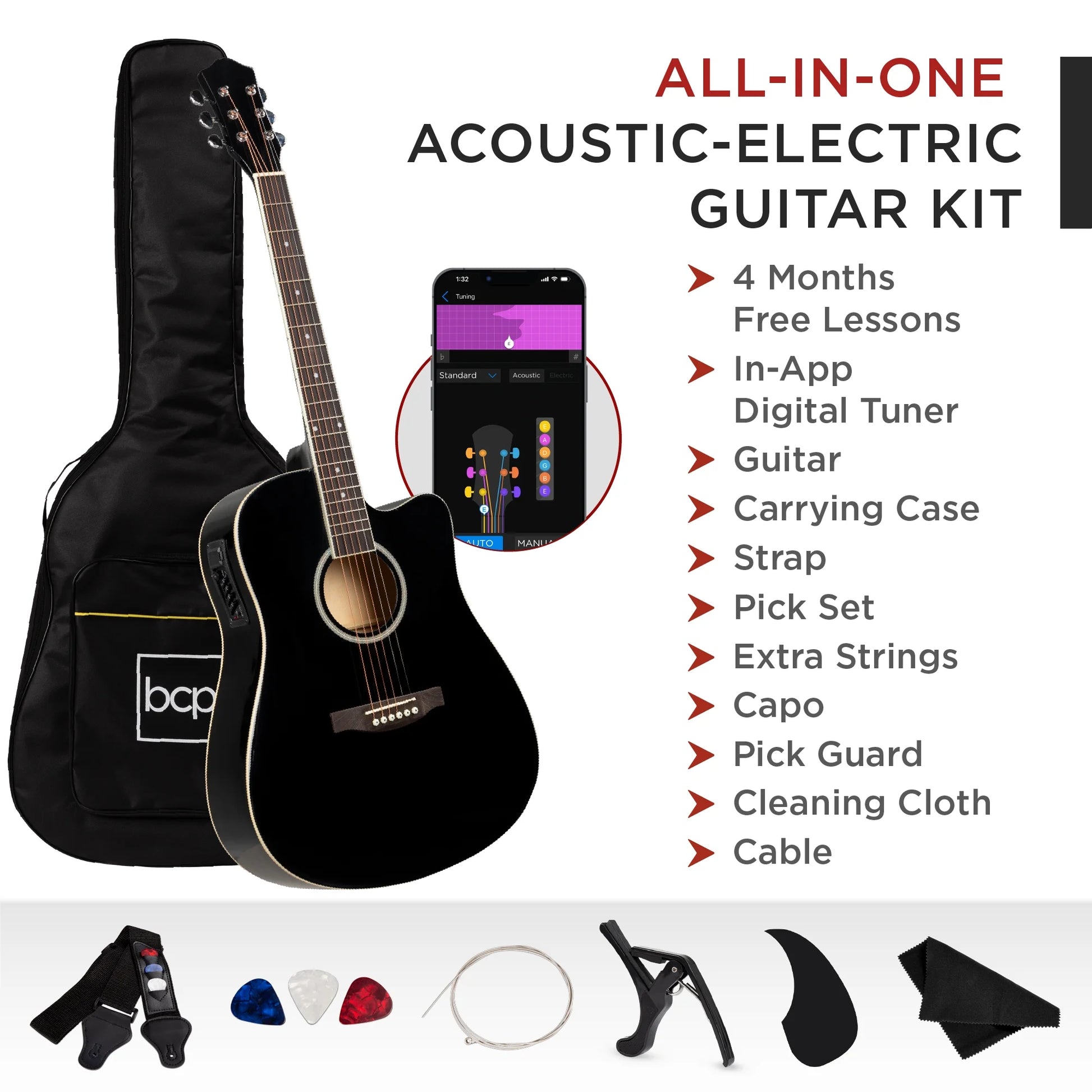 Black Acoustic Electric Guitar – 41″ Cutaway Beginner Guitar Starter Set with Accessories