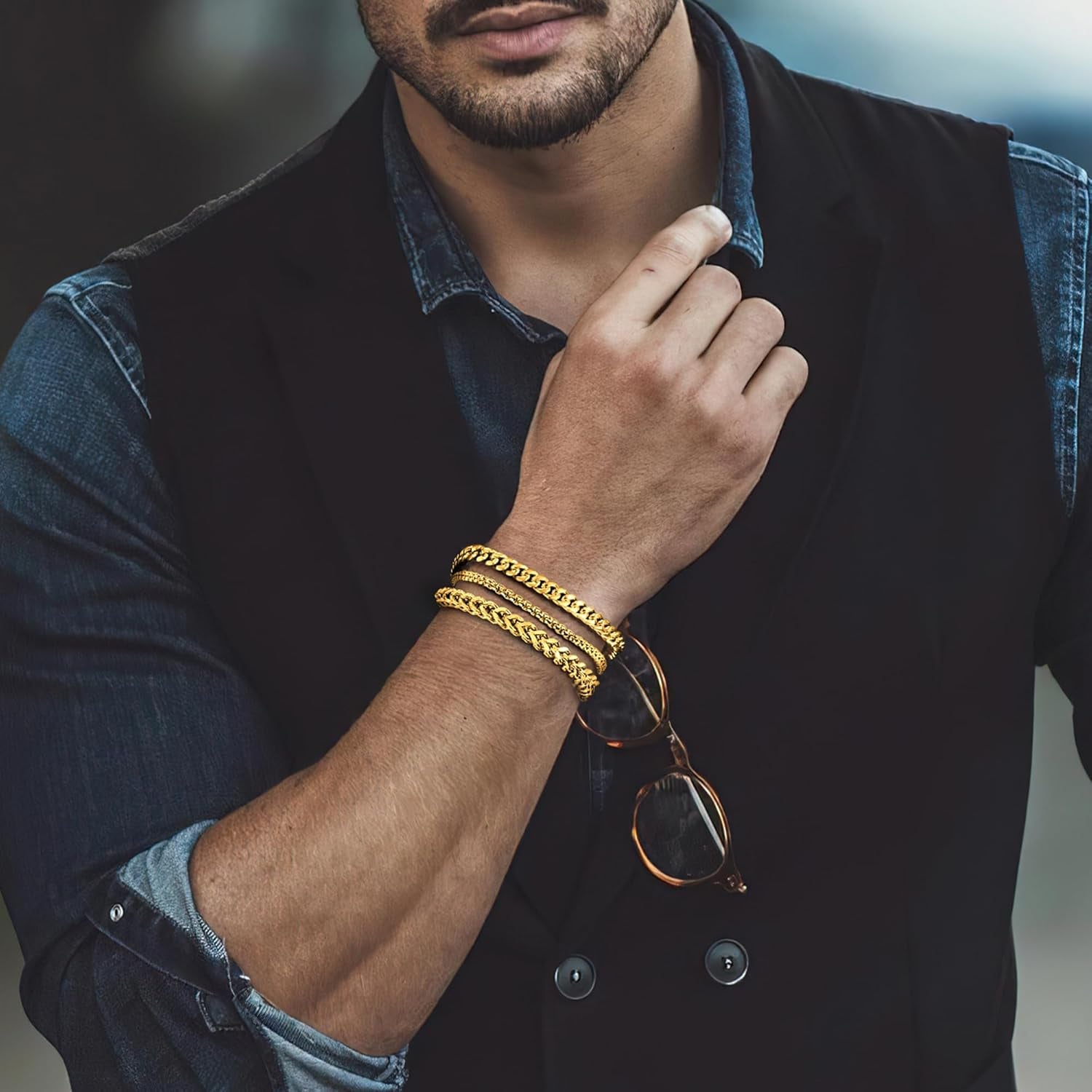 DAYANEY Men’s Gold & Silver Bracelet Set – Stainless Steel Cuban Chain Bracelets, Adjustable & Waterproof