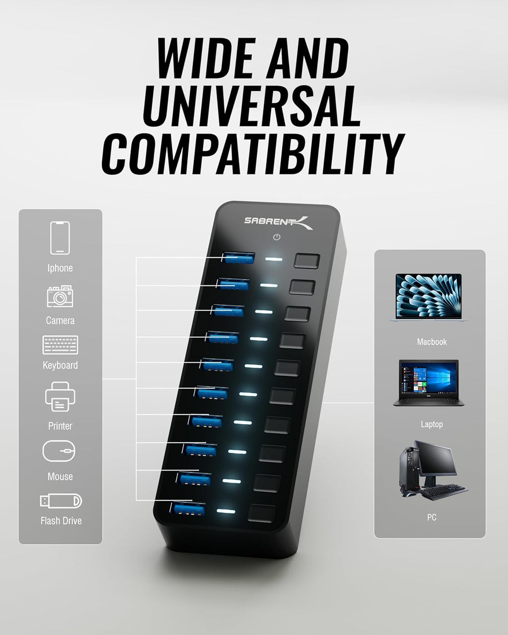 10-Port USB 3.0 Hub with Power Adapter – High-Speed Data Transfer Hub with Individual Switches