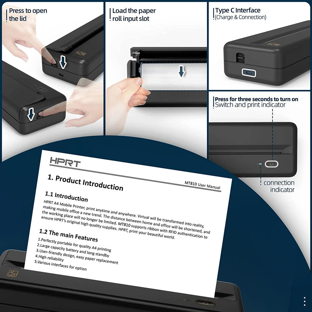 HPRT MT810 Portable Thermal Printer – Wireless Bluetooth & USB Printing for Home, Office & Travel