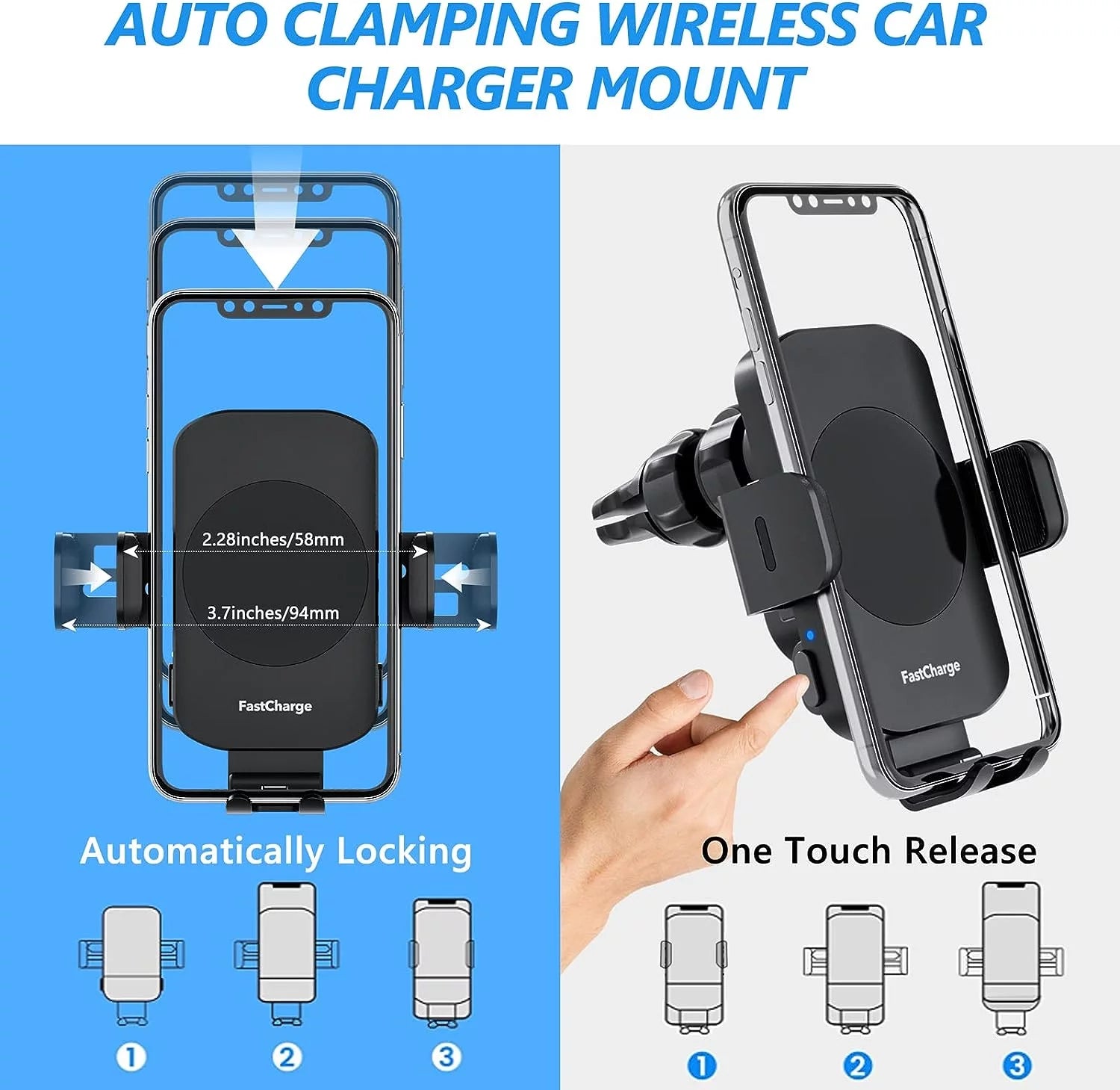 DIGITNOW 15W Wireless Car Charger & Auto-Clamping Mount for iPhone & Samsung (Adjustable 360°)