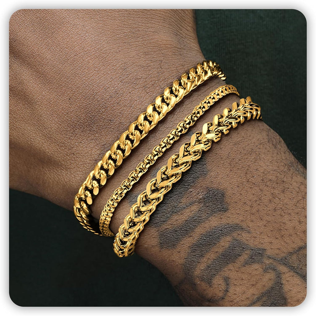 DAYANEY Men’s Gold & Silver Bracelet Set – Stainless Steel Cuban Chain Bracelets, Adjustable & Waterproof