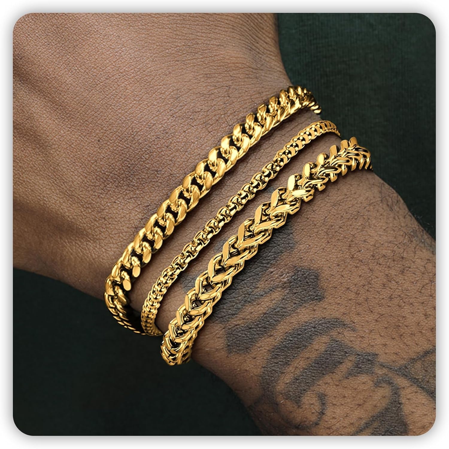 DAYANEY Men’s Gold & Silver Bracelet Set – Stainless Steel Cuban Chain Bracelets, Adjustable & Waterproof