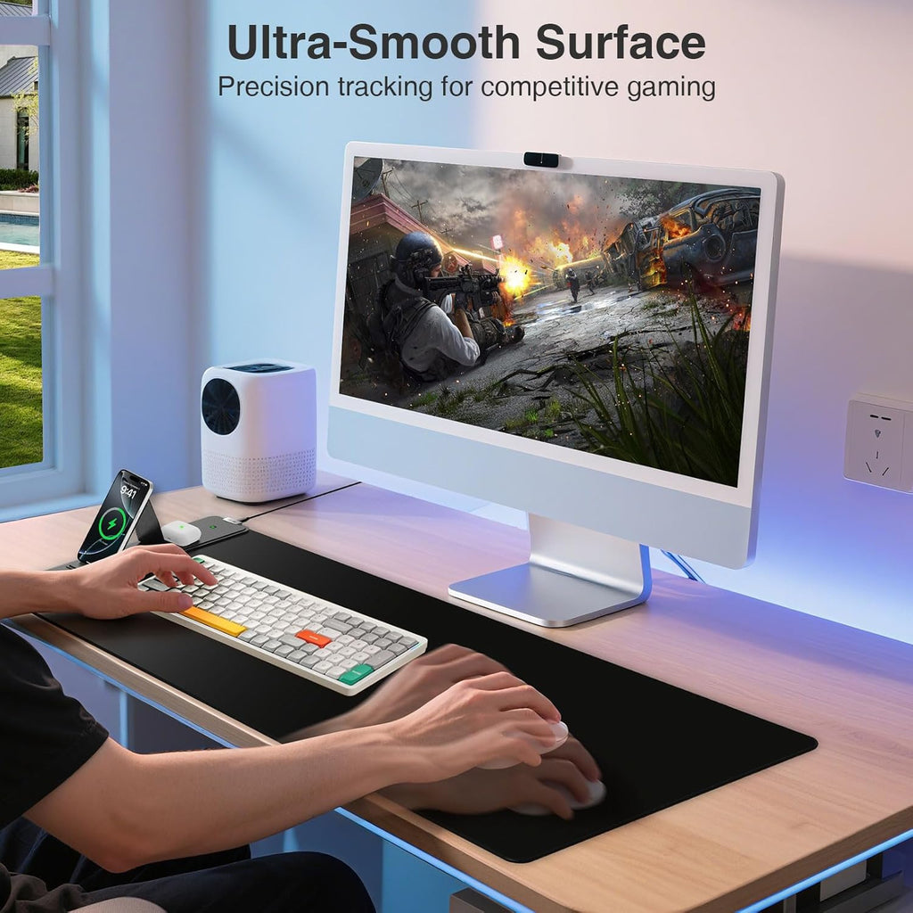 Wireless Charging Desk Mat with Phone Stand – Large Mouse Pad with Fast Charging & Non-Slip Base