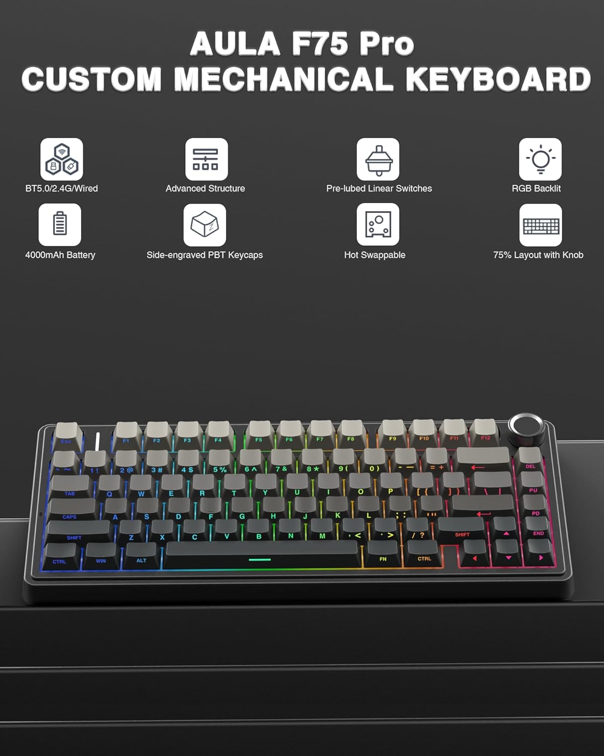 AULA F75 Pro Wireless Mechanical Keyboard – 75% Hot-Swappable RGB Gaming Keyboard with Knob