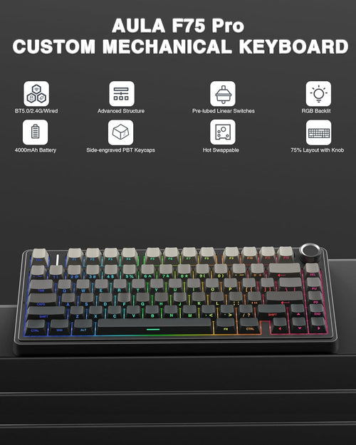 AULA F75 Pro Wireless Mechanical Keyboard – 75% Hot-Swappable RGB Gaming Keyboard with Knob