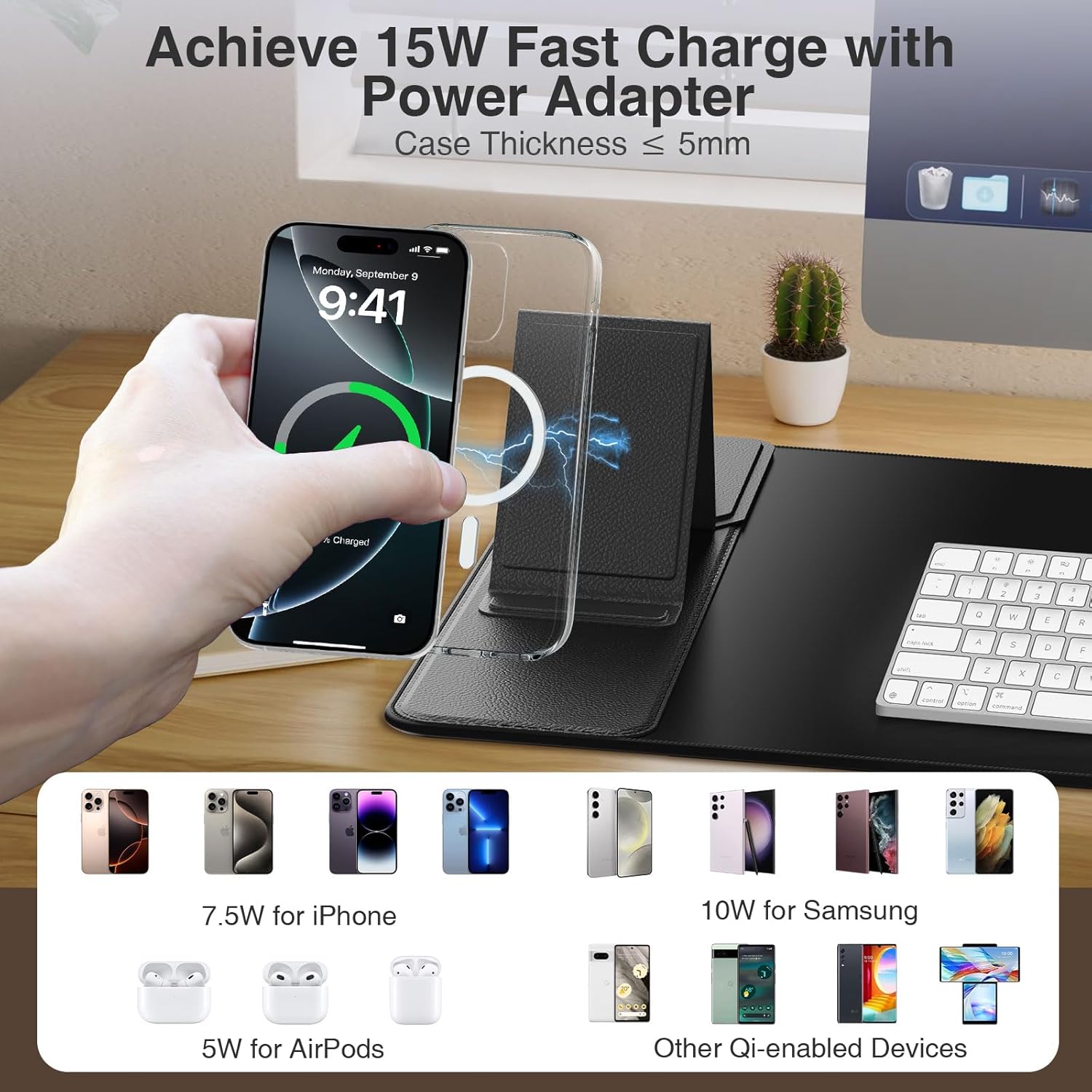 Wireless Charging Desk Mat with Phone Stand – Large Mouse Pad with Fast Charging & Non-Slip Base
