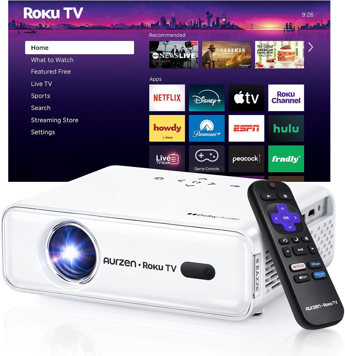 Aurzen Roku TV Smart Projector – Native 1080P WiFi Bluetooth Portable Home Theater Projector with Dolby Audio