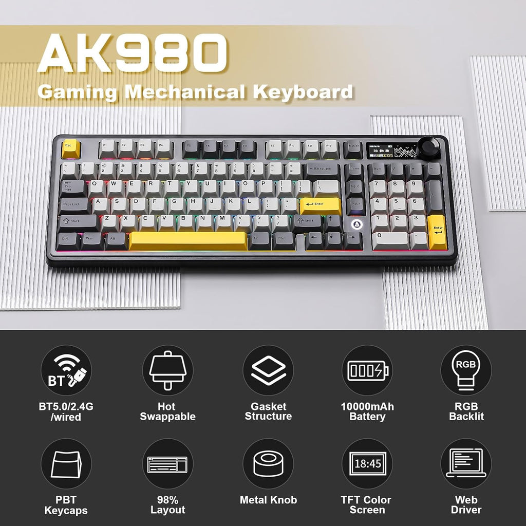 AJAZZ AK980 Wireless Mechanical Keyboard – Smart Display & Knob Tri-Mode RGB Gaming Keyboard