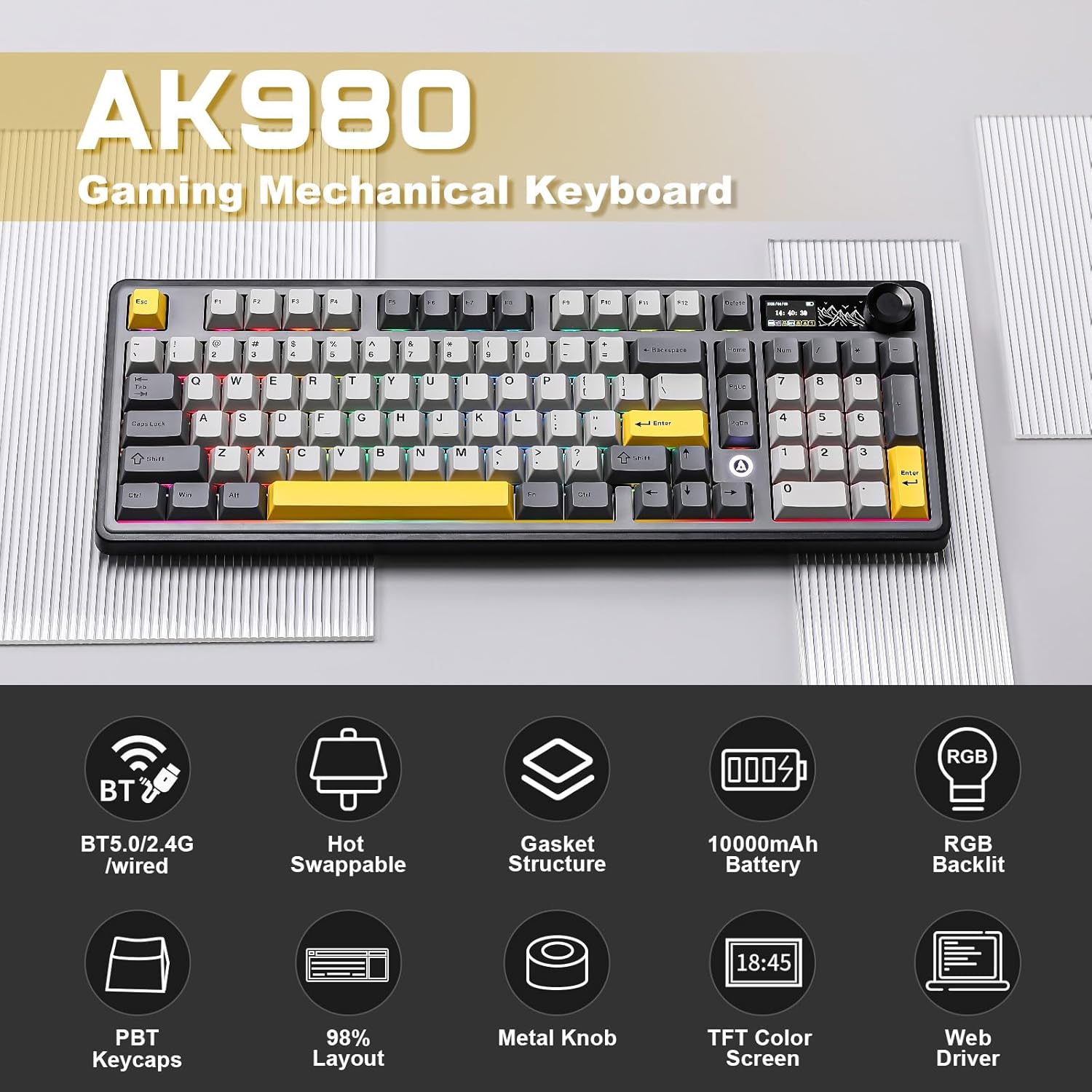 AJAZZ AK980 Wireless Mechanical Keyboard – Smart Display & Knob Tri-Mode RGB Gaming Keyboard