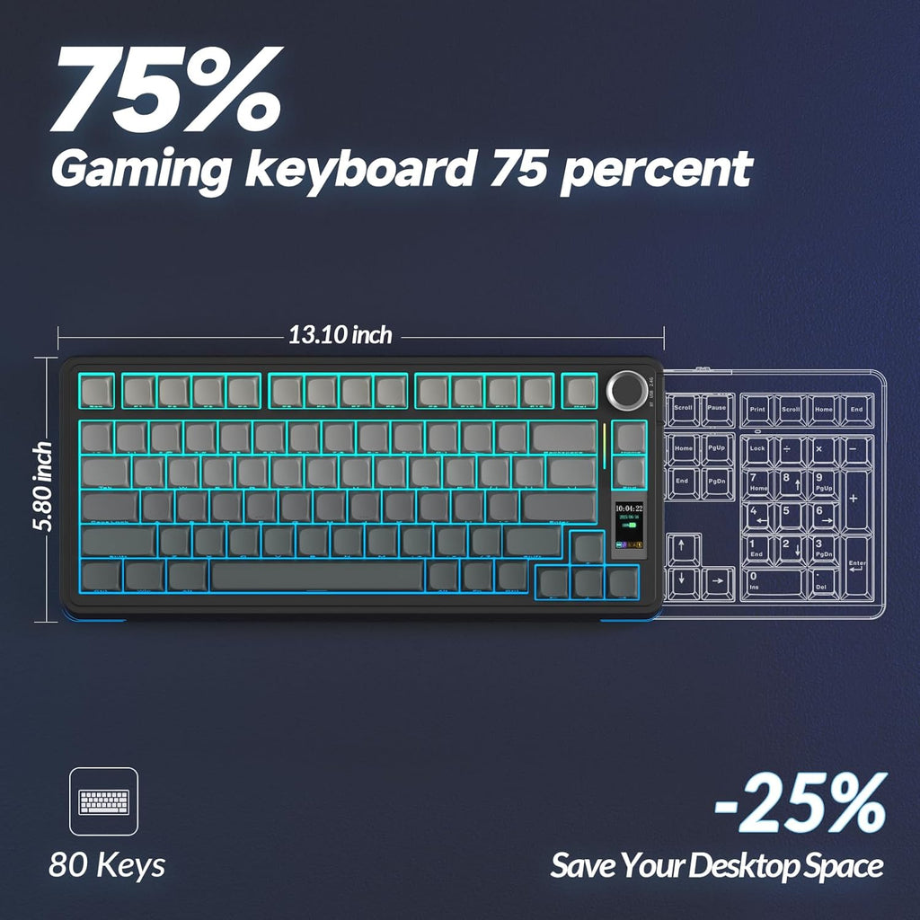 S75 PRO Wireless Mechanical Keyboard with Screen&Knob, Tri-Mode Hot Swappable Gaming Keyboard 75%, Pre-Lubed Switches, RGB Backlit, Side Printed PBT Keycaps, Creamy Sounding Computer Keyboards