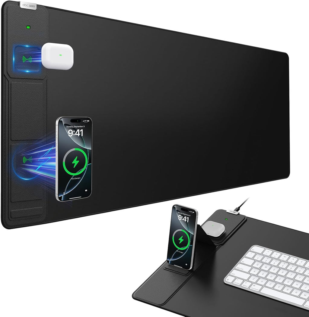 Wireless Charging Desk Mat with Phone Stand – Large Mouse Pad with Fast Charging & Non-Slip Base