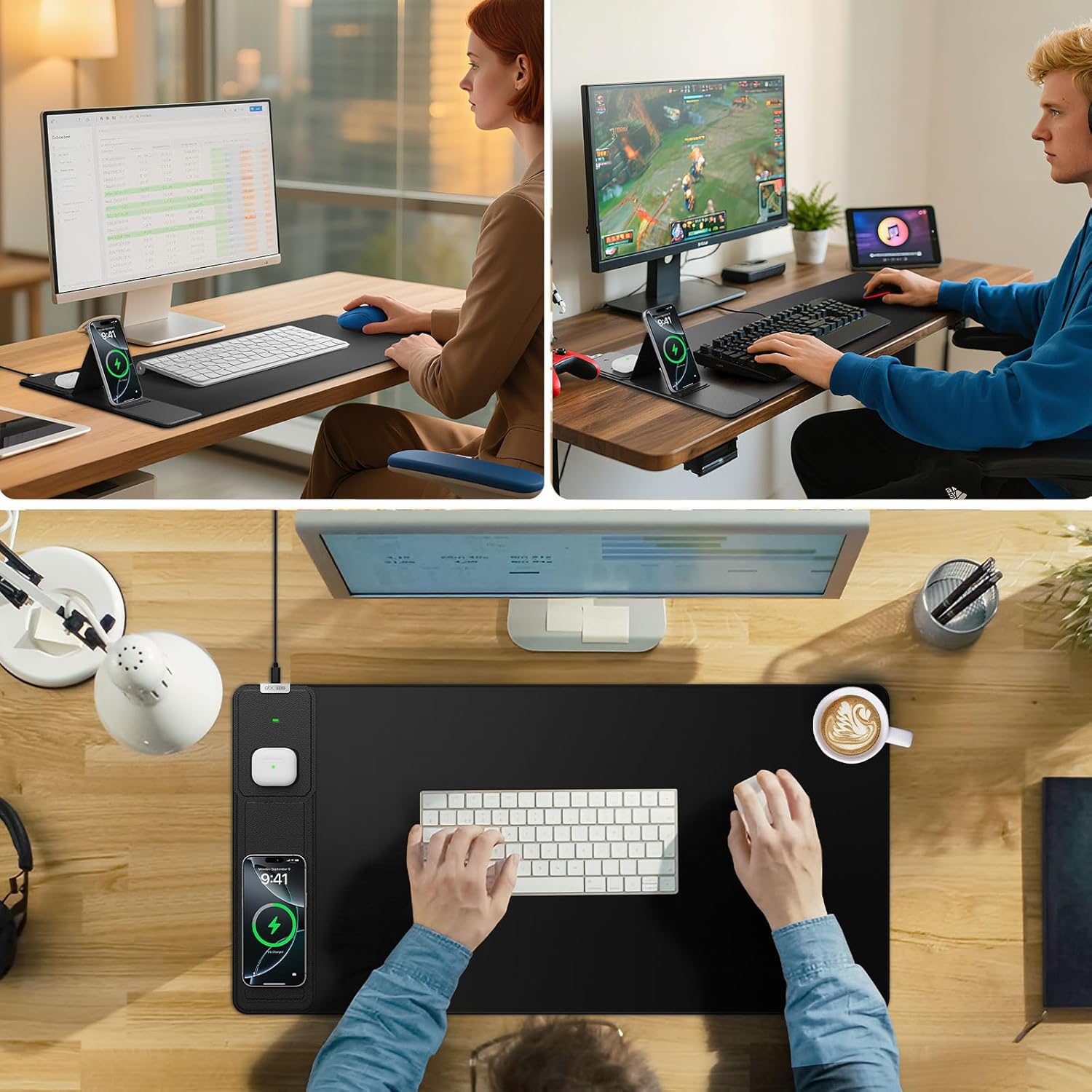 Wireless Charging Desk Mat with Phone Stand – Large Mouse Pad with Fast Charging & Non-Slip Base