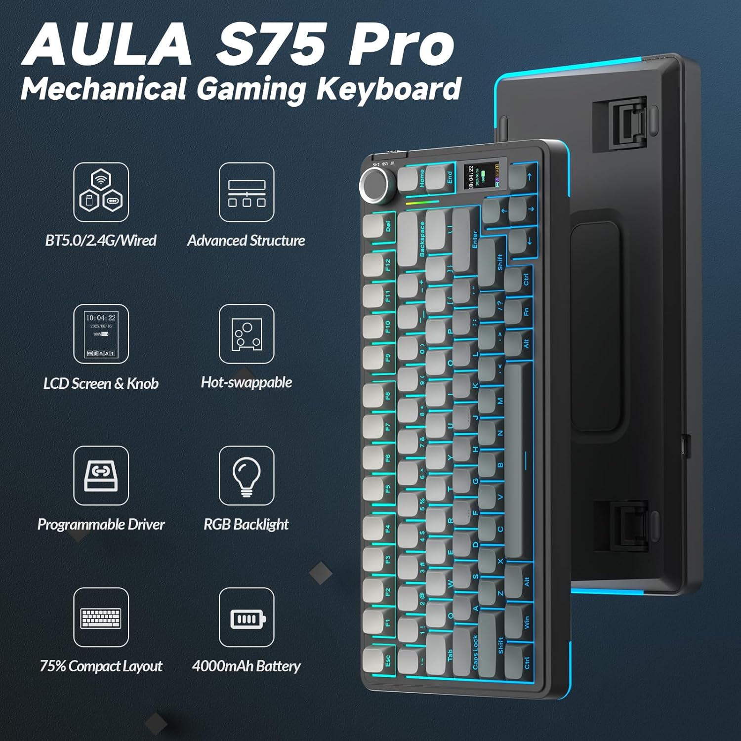 S75 PRO Wireless Mechanical Keyboard with Screen&Knob, Tri-Mode Hot Swappable Gaming Keyboard 75%, Pre-Lubed Switches, RGB Backlit, Side Printed PBT Keycaps, Creamy Sounding Computer Keyboards