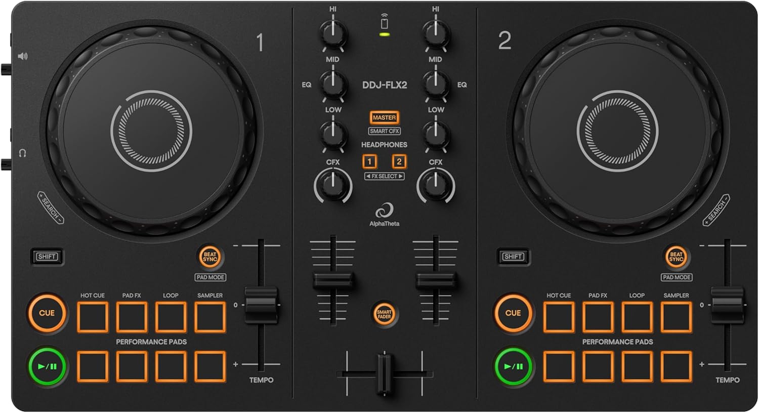 AlphaTheta DDJ-FLX2 Compact 2-Channel DJ Controller – Streaming-Ready Smart DJ Mixer for rekordbox, djay & Serato DJ Lite