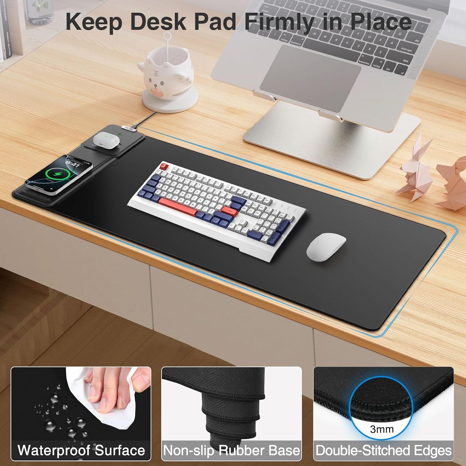 Wireless Charging Desk Mat with Phone Stand – Large Mouse Pad with Fast Charging & Non-Slip Base