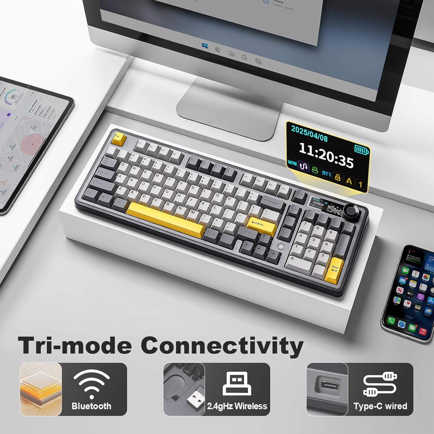 AJAZZ AK980 Wireless Mechanical Keyboard – Smart Display & Knob Tri-Mode RGB Gaming Keyboard