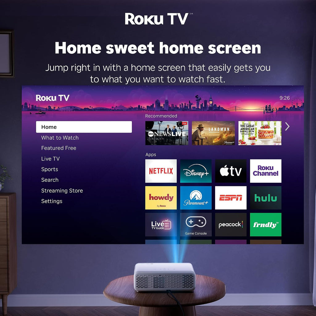 Aurzen Roku TV Smart Projector – Native 1080P WiFi Bluetooth Portable Home Theater Projector with Dolby Audio