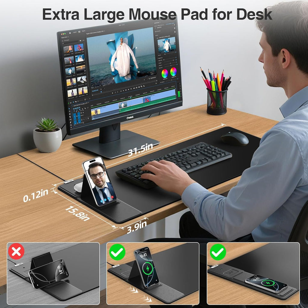 Wireless Charging Desk Mat with Phone Stand – Large Mouse Pad with Fast Charging & Non-Slip Base