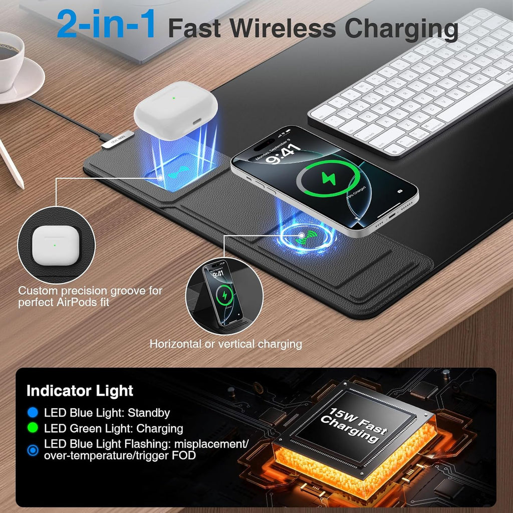 Wireless Charging Desk Mat with Phone Stand – Large Mouse Pad with Fast Charging & Non-Slip Base