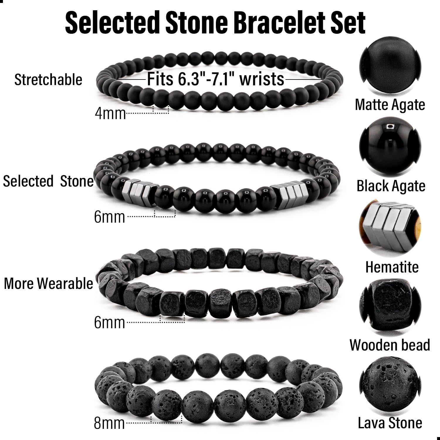 Lameybrt Multi Tiger Eye, Matte Agate & Lava Rock Bracelet Set