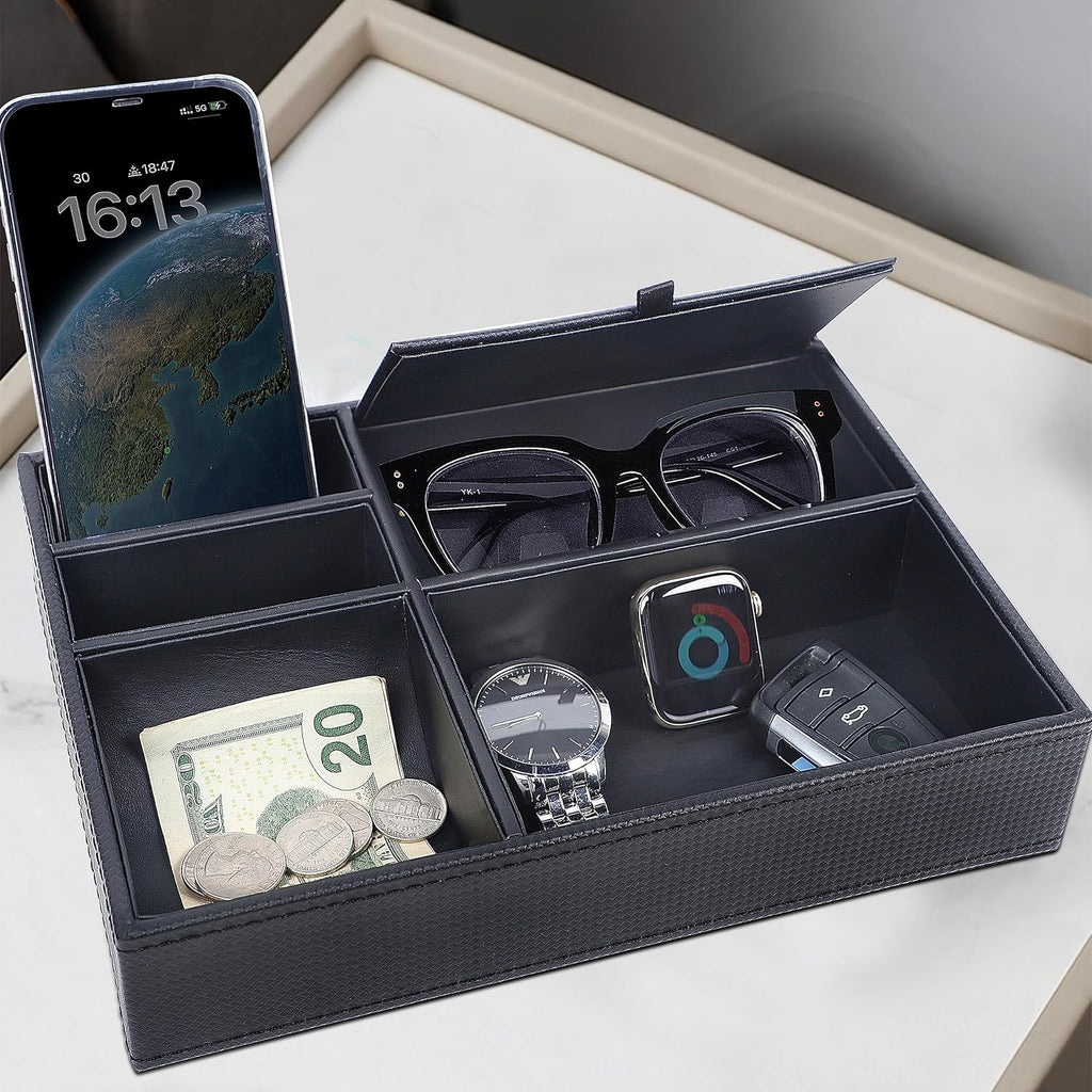 Valet Tray Organizer – Faux Leather Nightstand Catchall with 5 Compartments