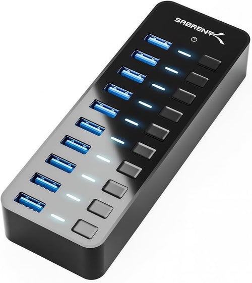 10-Port USB 3.0 Hub with Power Adapter – High-Speed Data Transfer Hub with Individual Switches