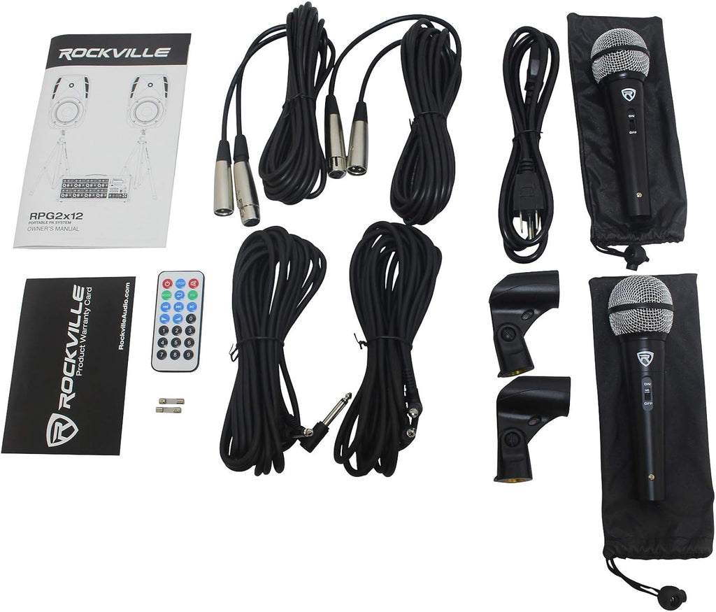 Rockville 12" PA Speaker System – Dual Speakers, Powered Mixer, Stands & Microphones Bundle