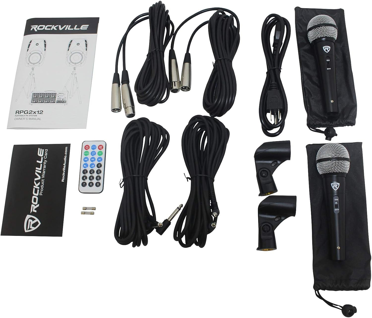 Rockville 12" PA Speaker System – Dual Speakers, Powered Mixer, Stands & Microphones Bundle