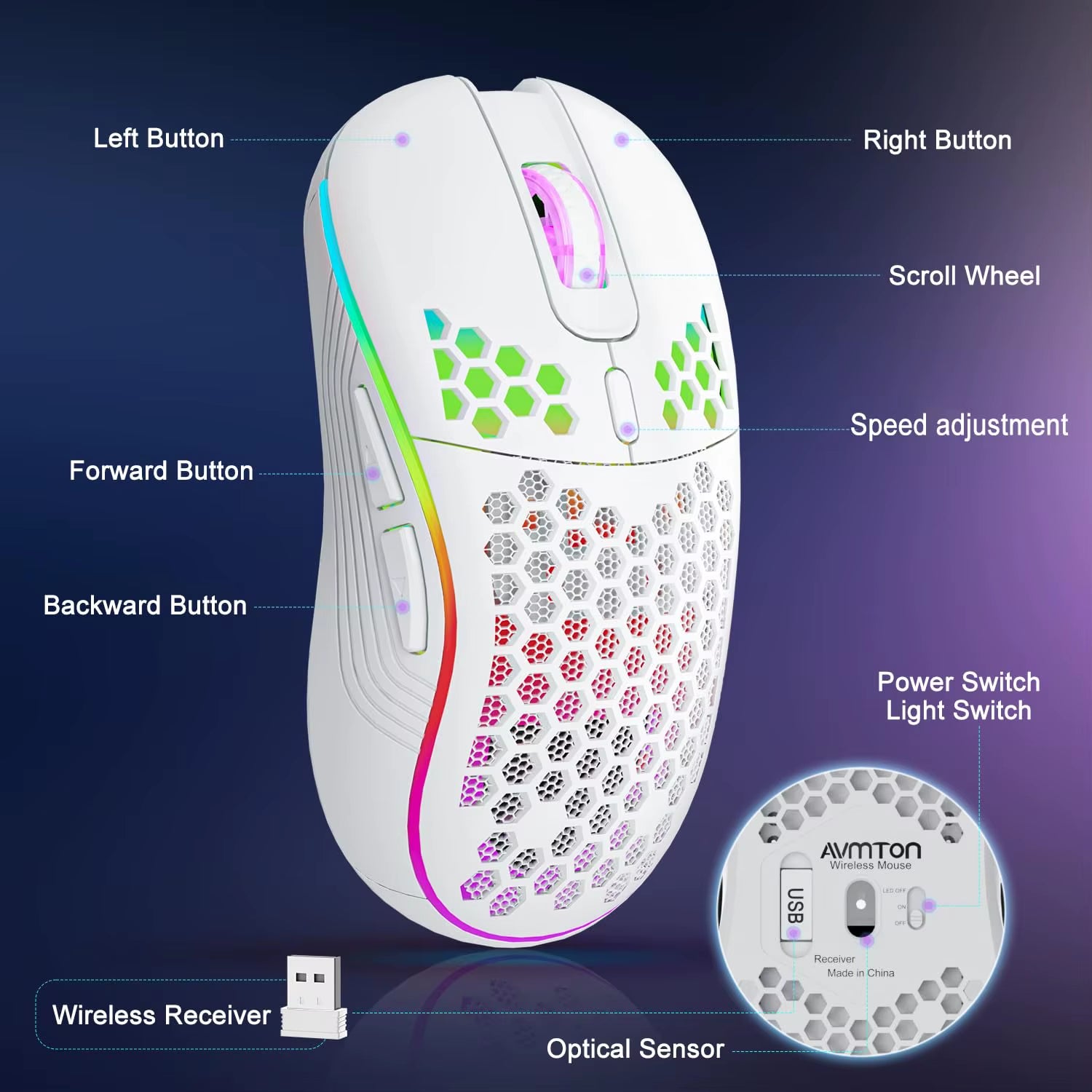 2.4G Wireless RGB Gaming Mouse – Rechargeable Honeycomb Ergonomic 6-Button Adjustable DPI