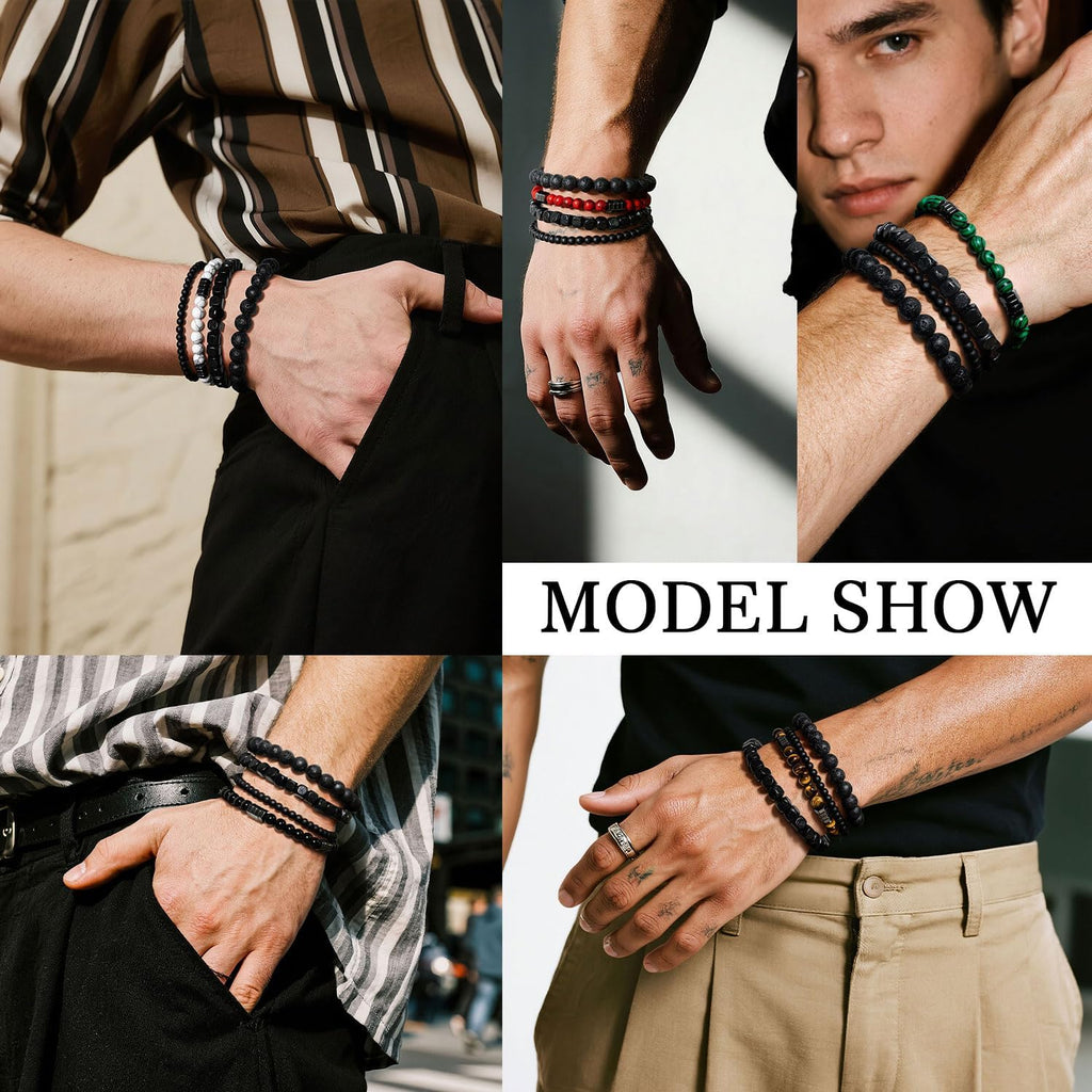 Lameybrt Multi Tiger Eye, Matte Agate & Lava Rock Bracelet Set