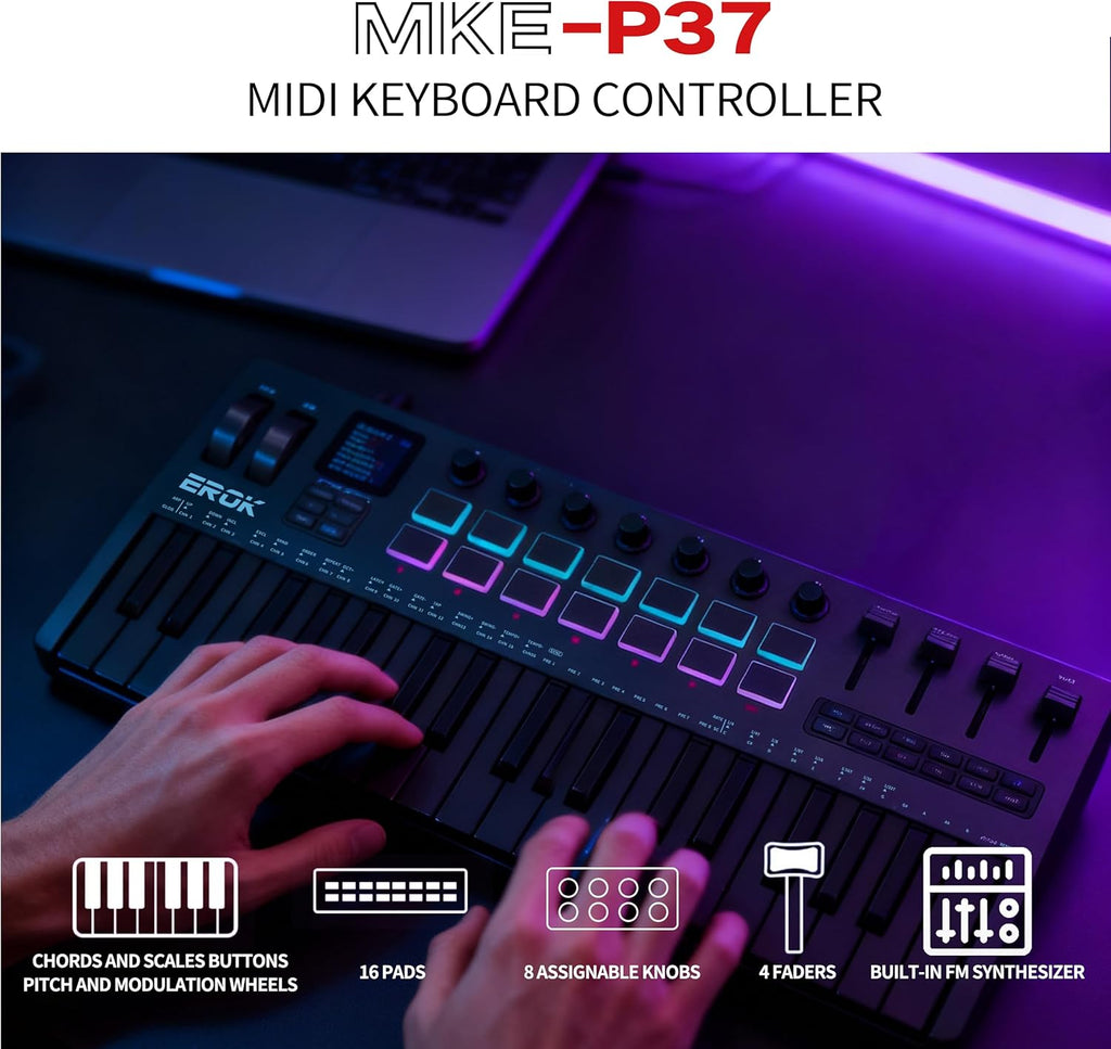 EROK 37-Key MIDI Keyboard Controller – Portable Music Production Controller with Drum Pads, Knobs & Arpeggiator